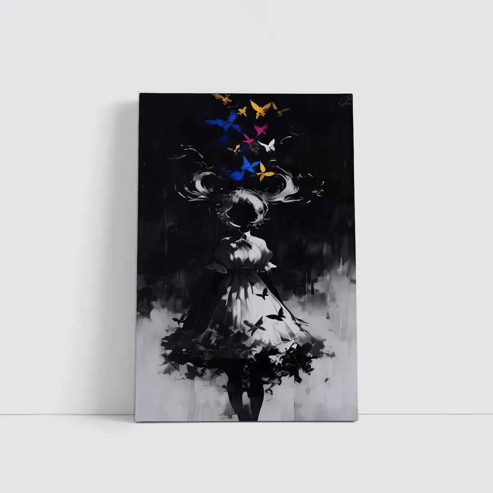 Dark Anime Girl Butterflies Black White Art – Wall Art