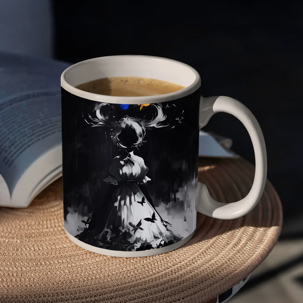 Dark Anime Girl Butterflies Black White Art – Mugs