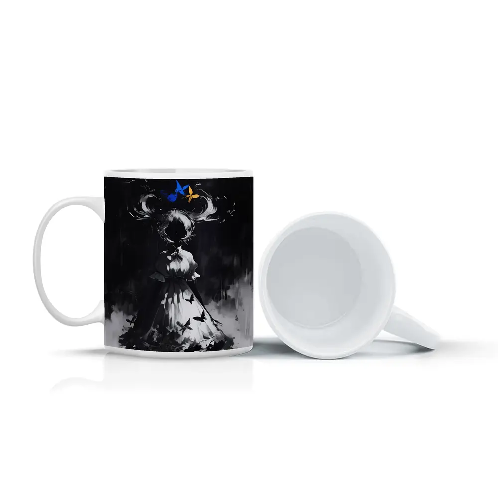 Dark Anime Girl Butterflies Black White Art – Mugs
