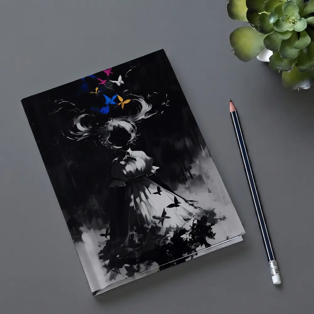 Dark Anime Girl Butterflies Black White Art – Notebooks