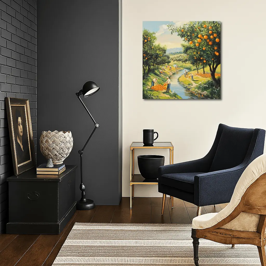 Orange Orchard Harvest Painting Farm Scene – Wall Art