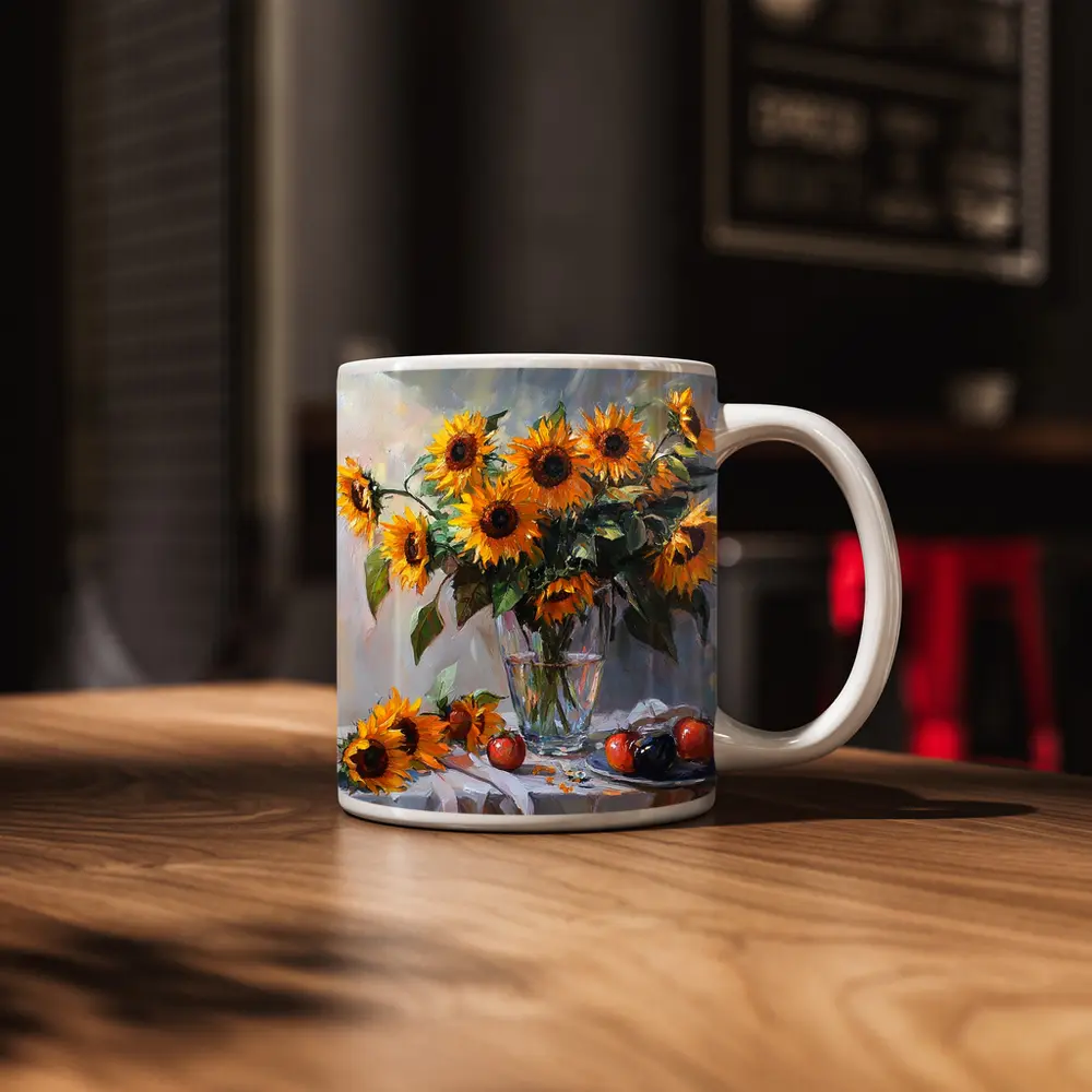 Sunflowers In Glass Vase Still Life Painting – Mugs