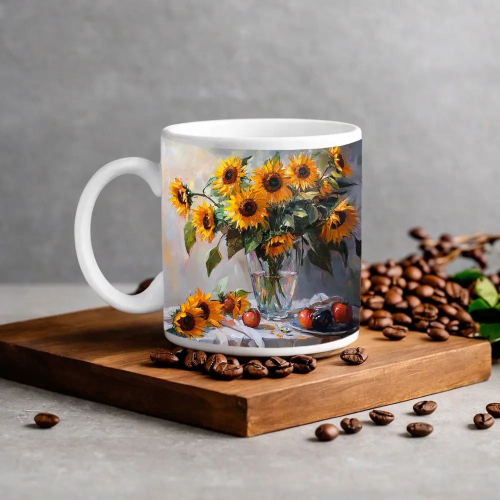 Sunflowers In Glass Vase Still Life Painting – Mugs