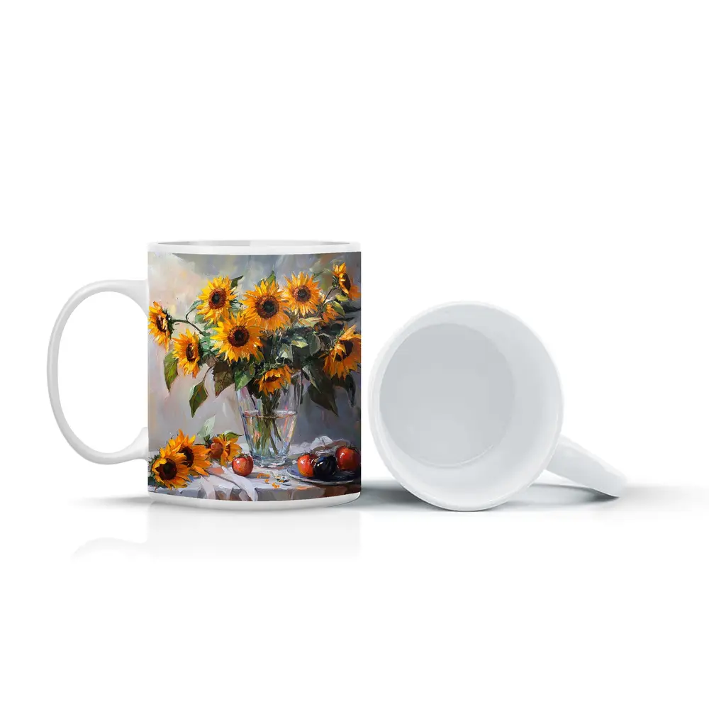 Sunflowers In Glass Vase Still Life Painting – Mugs