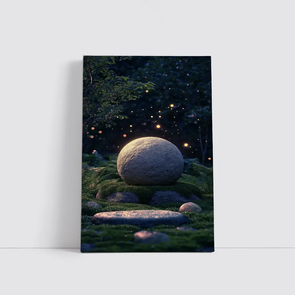Glowing Stone Forest Night Fireflies Fantasy – Wall Art