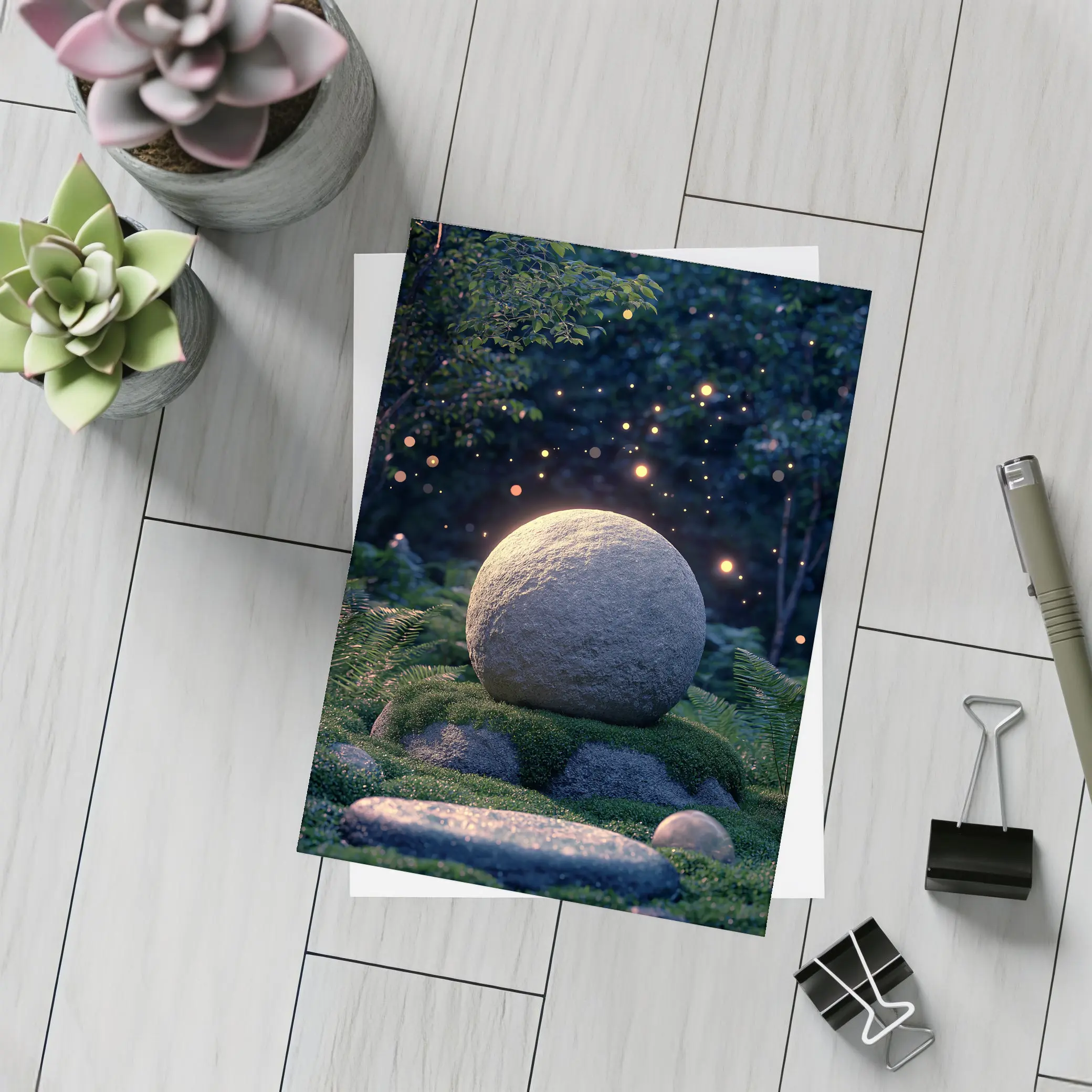 Glowing Stone Forest Night Fireflies Fantasy – Postcards