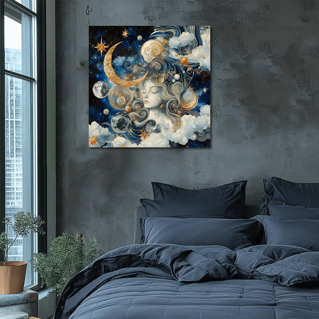 Celestial Moon Goddess Blue Gold Fantasy Art – Wall Art