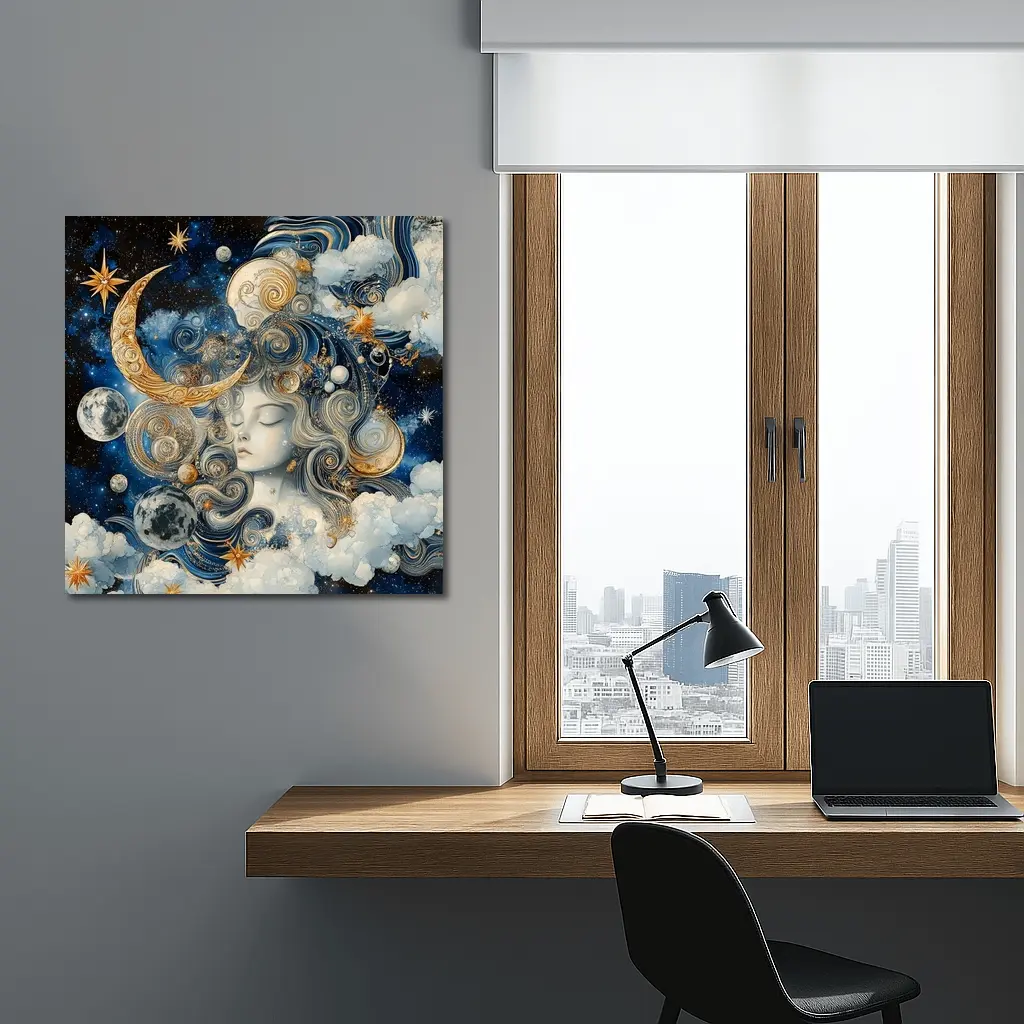 Celestial Moon Goddess Blue Gold Fantasy Art – Wall Art