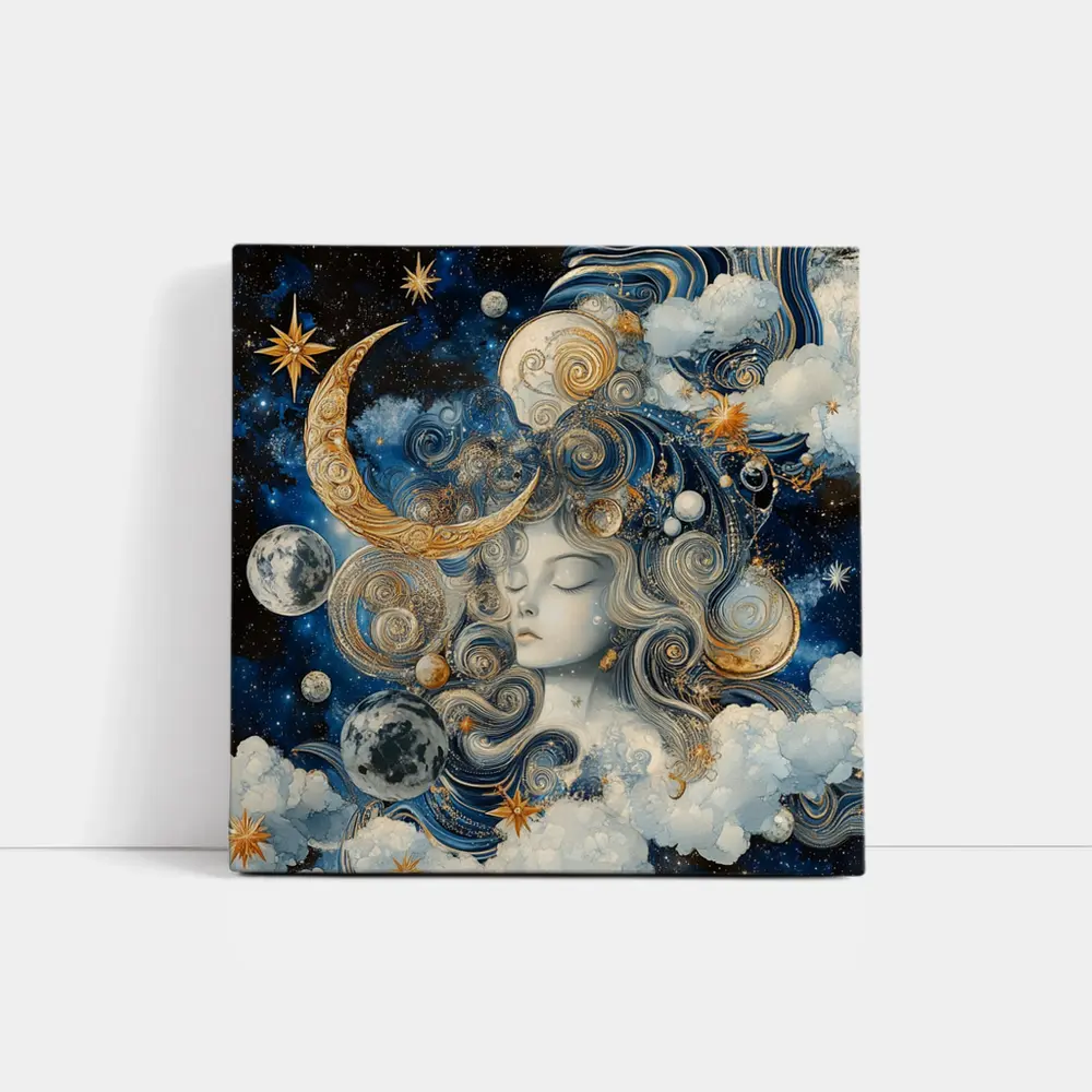 Celestial Moon Goddess Blue Gold Fantasy Art – Wall Art