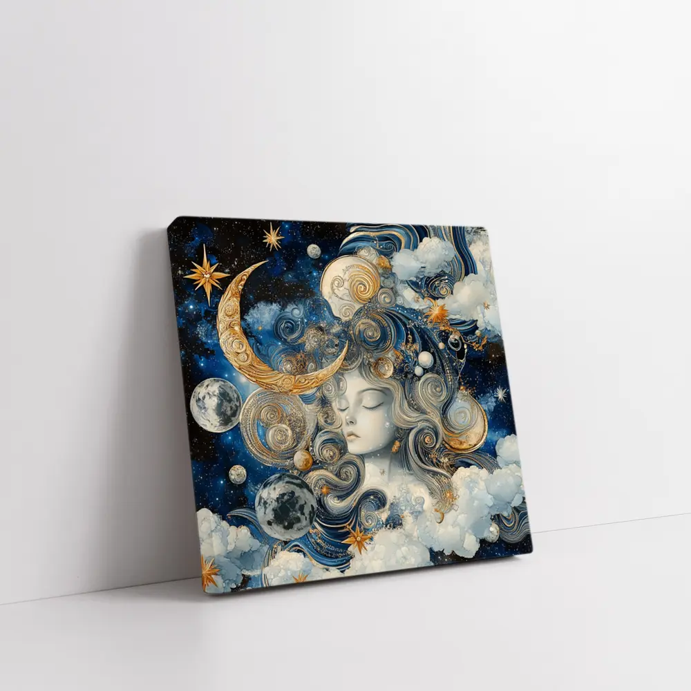Celestial Moon Goddess Blue Gold Fantasy Art – Wall Art