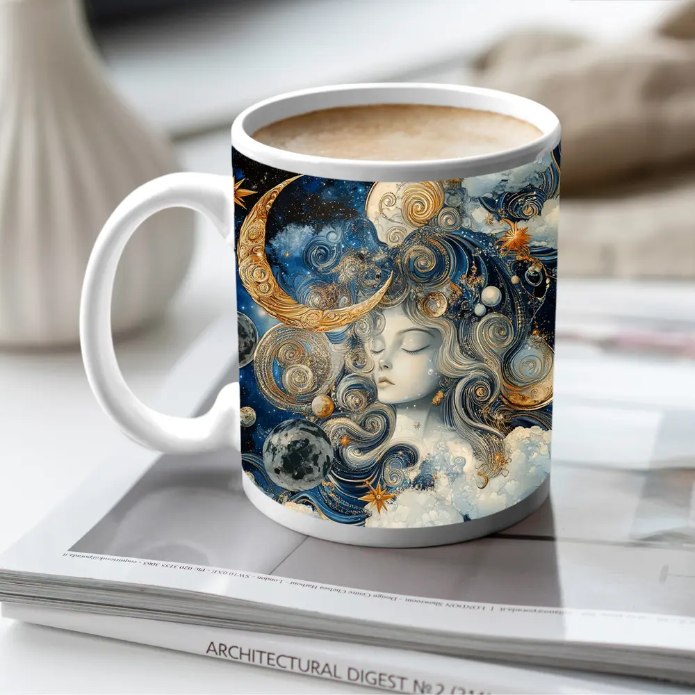 Celestial Moon Goddess Blue Gold Fantasy Art – Mugs