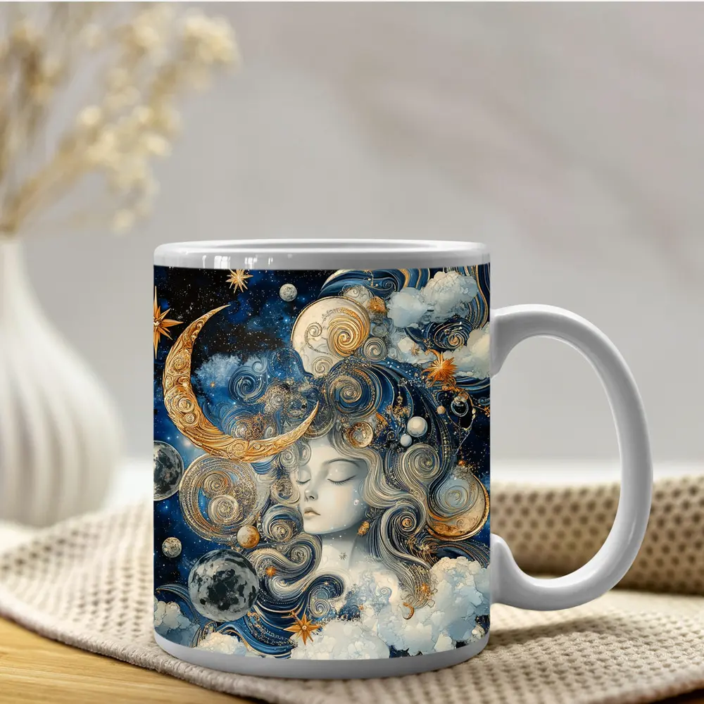 Celestial Moon Goddess Blue Gold Fantasy Art – Mugs