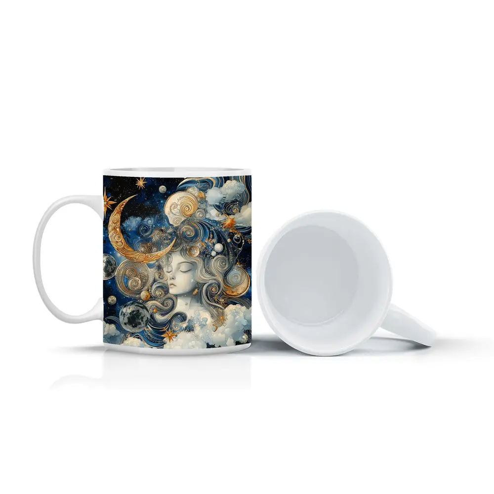 Celestial Moon Goddess Blue Gold Fantasy Art – Mugs