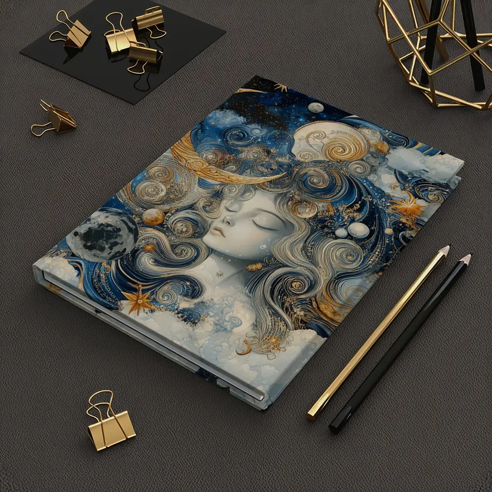 Celestial Moon Goddess Blue Gold Fantasy Art – Notebooks