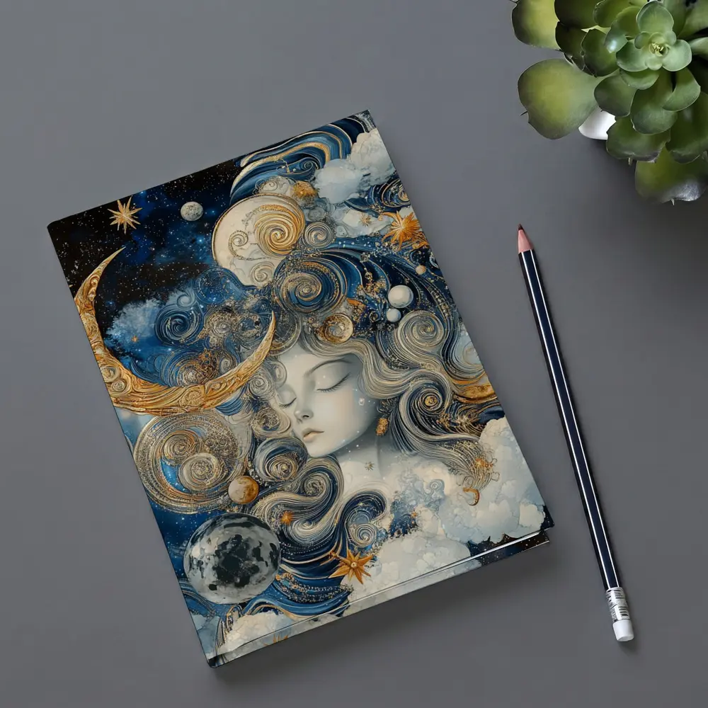 Celestial Moon Goddess Blue Gold Fantasy Art – Notebooks
