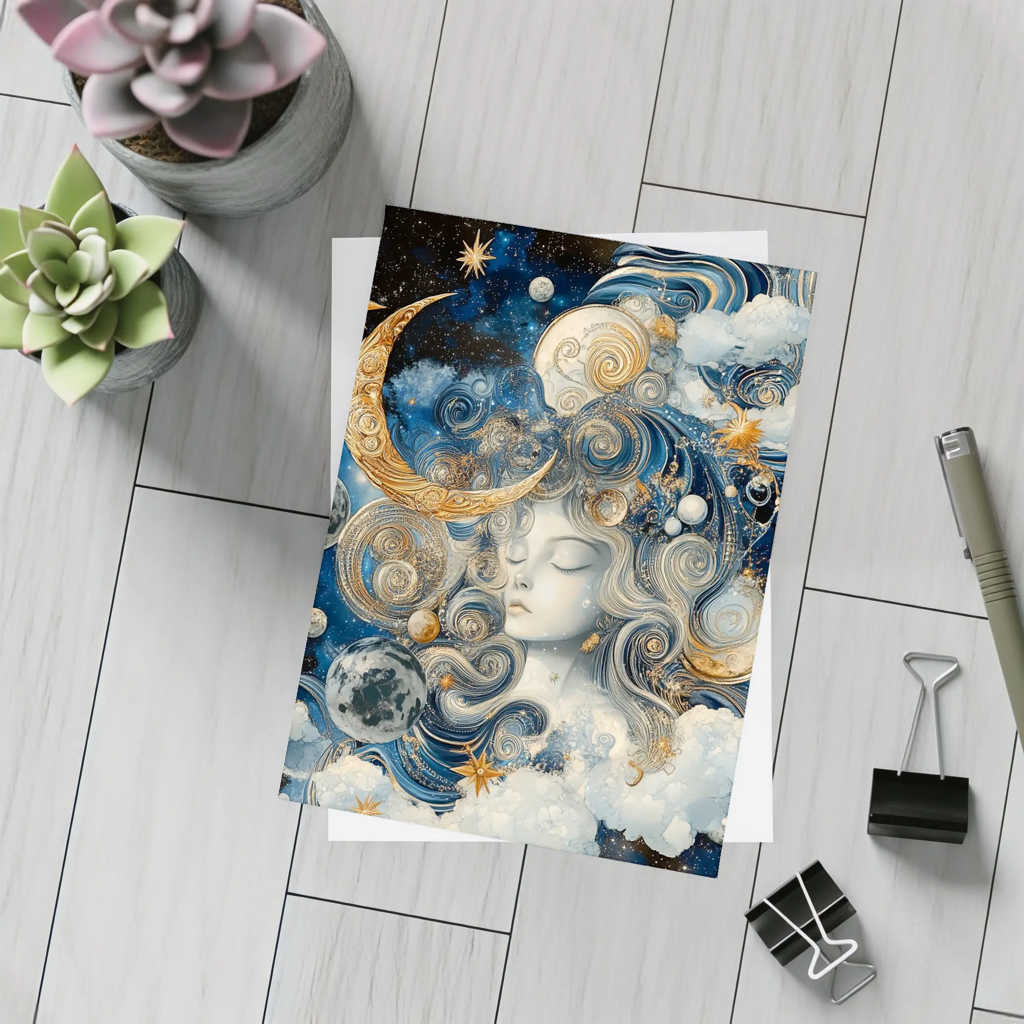 Celestial Moon Goddess Blue Gold Fantasy Art – Postcards