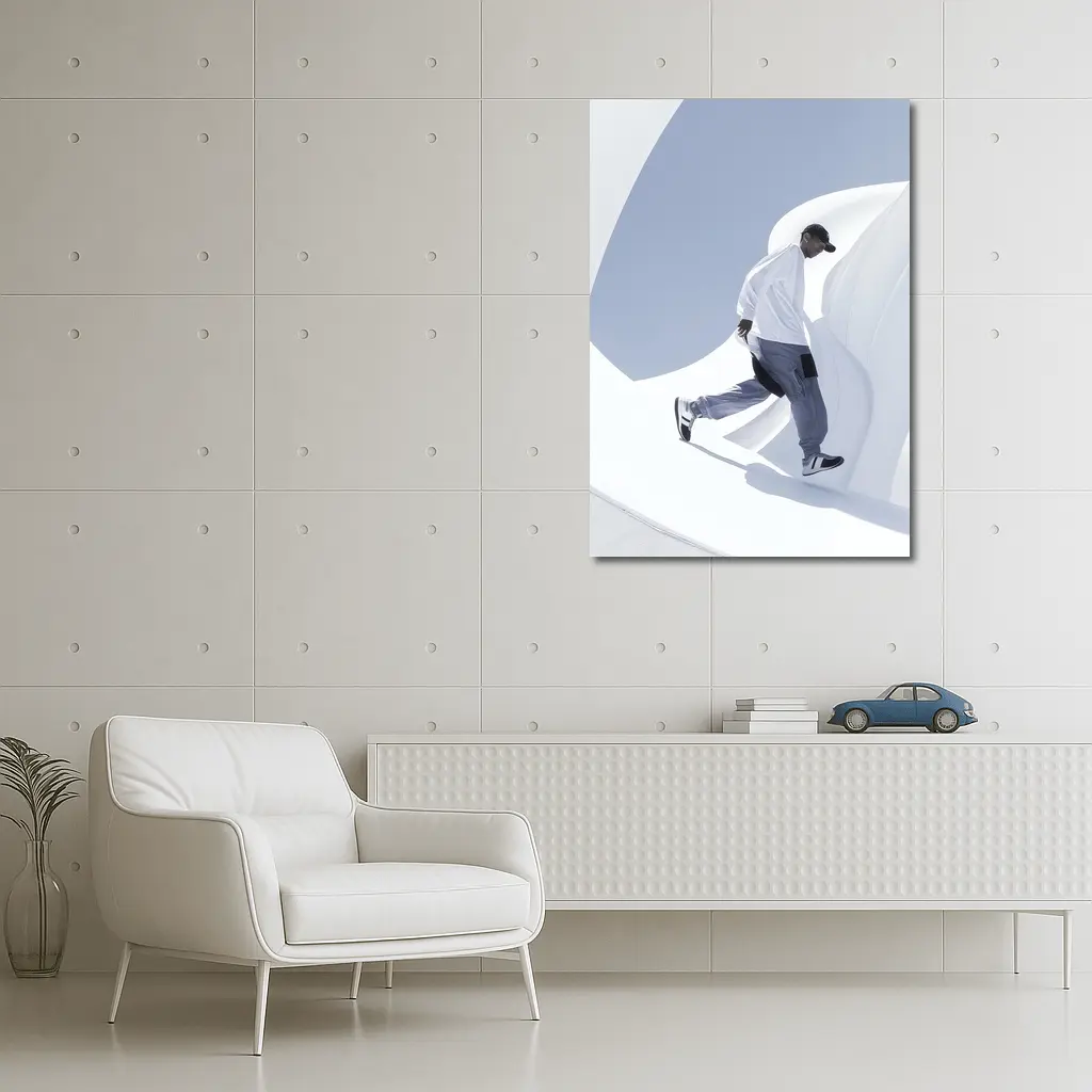 Man Running Through White Architectural Curves – Wall Art