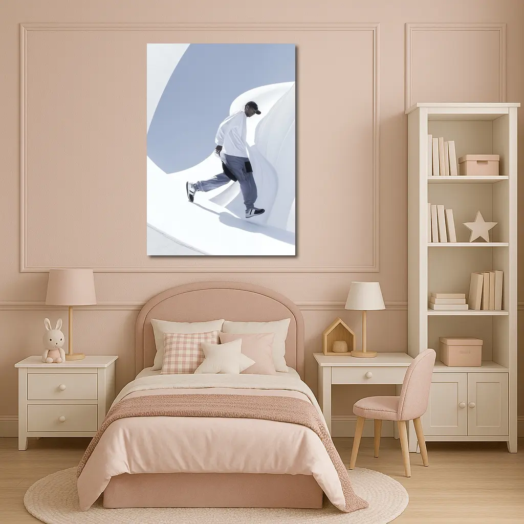 Man Running Through White Architectural Curves – Wall Art