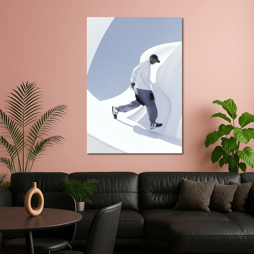 Man Running Through White Architectural Curves – Wall Art