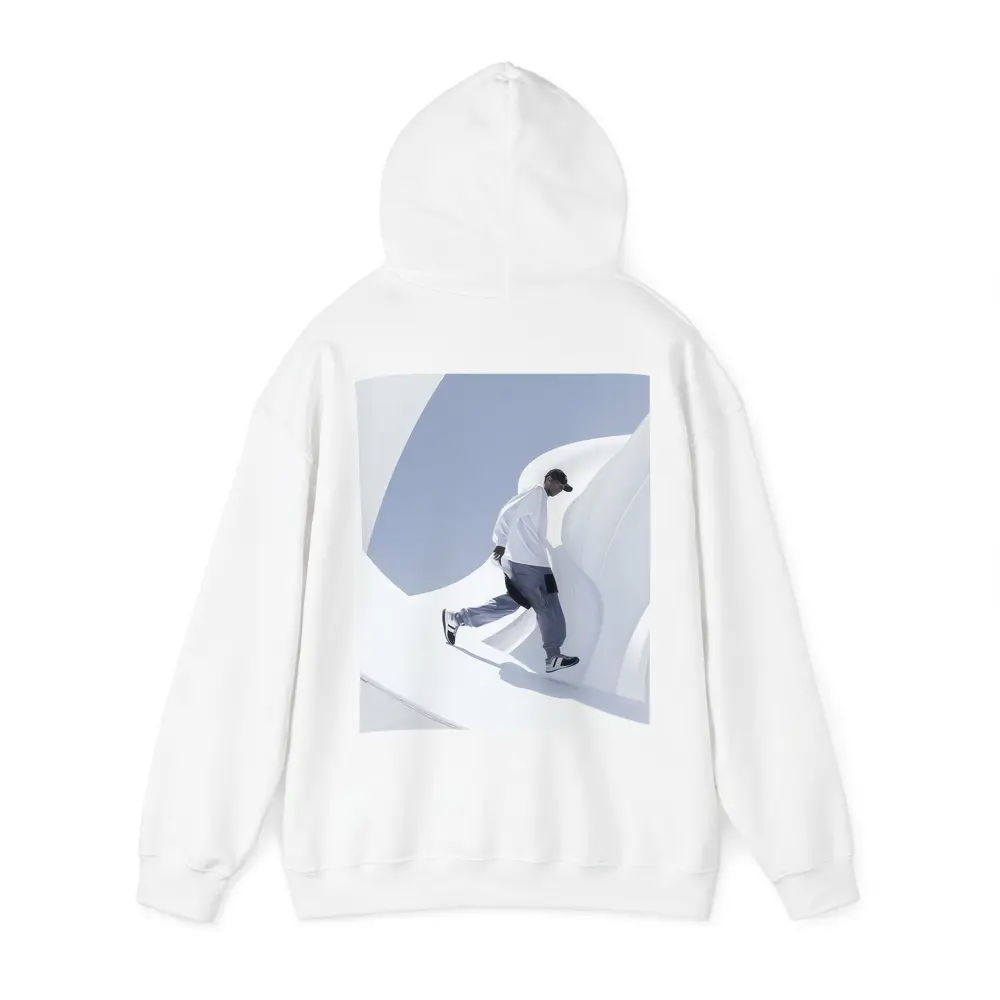 Man Running Through White Architectural Curves – Hoodies