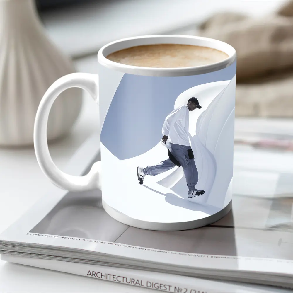 Man Running Through White Architectural Curves – Mugs