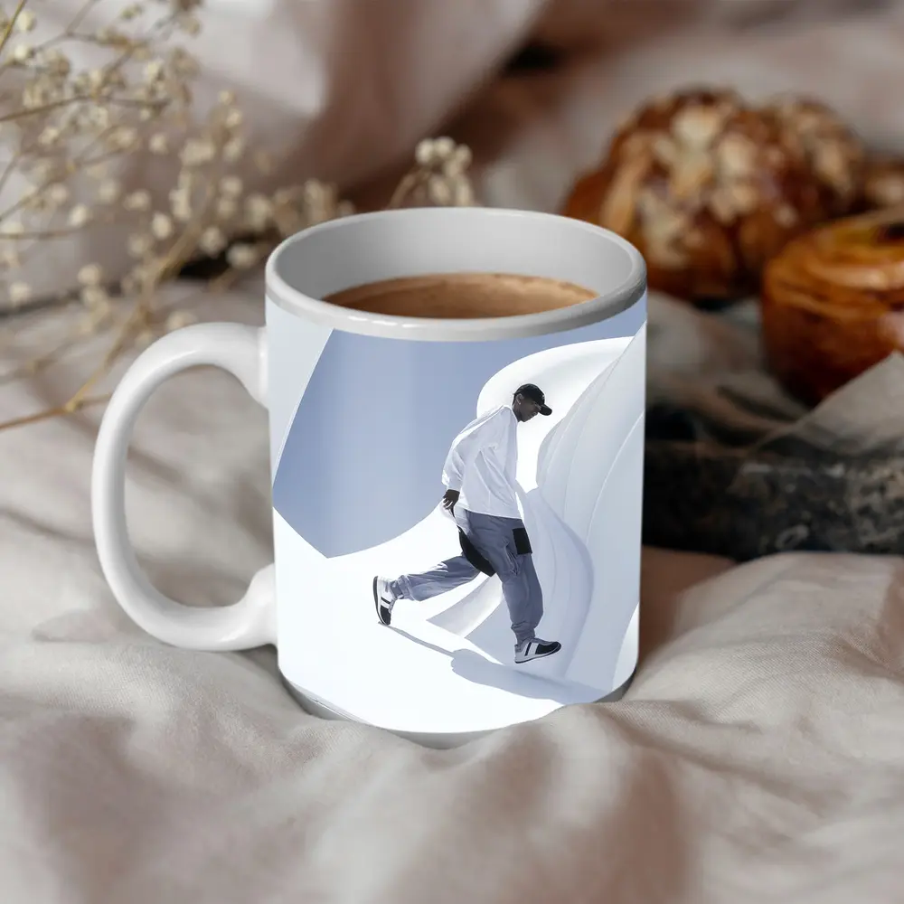 Man Running Through White Architectural Curves – Mugs