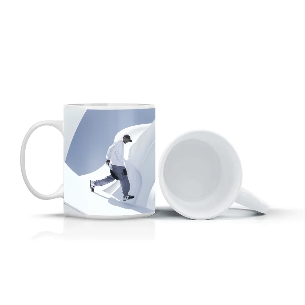 Man Running Through White Architectural Curves – Mugs