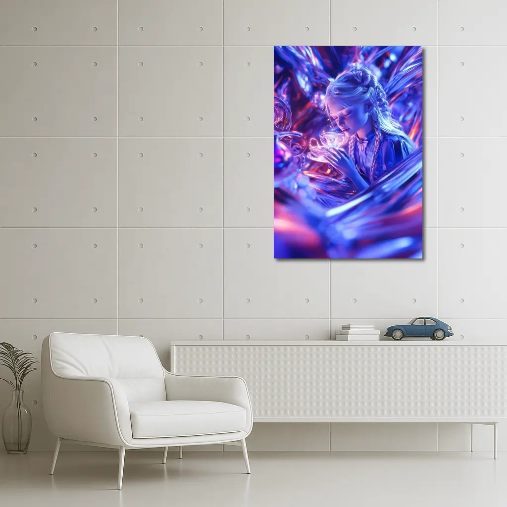 Girl Holding Glowing Cup Surreal Blue Fantasy – Wall Art
