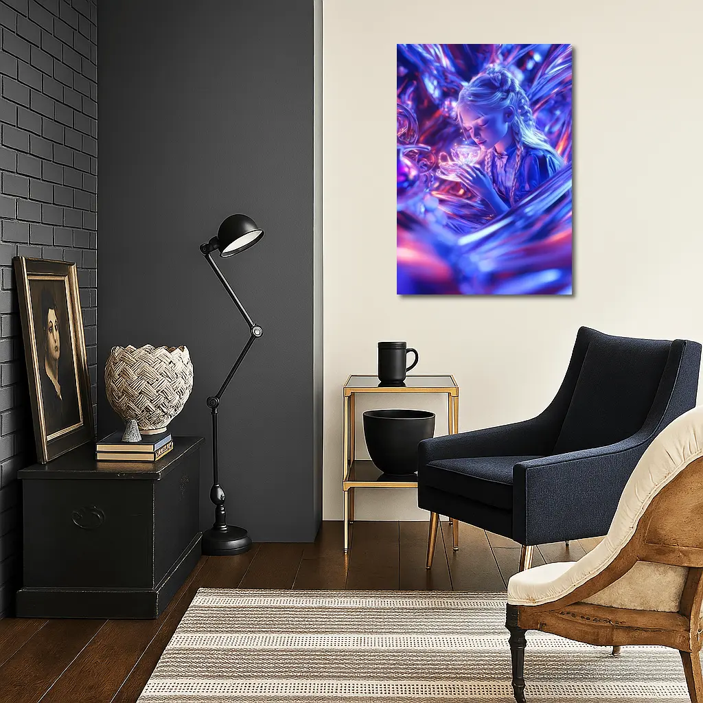 Girl Holding Glowing Cup Surreal Blue Fantasy – Wall Art
