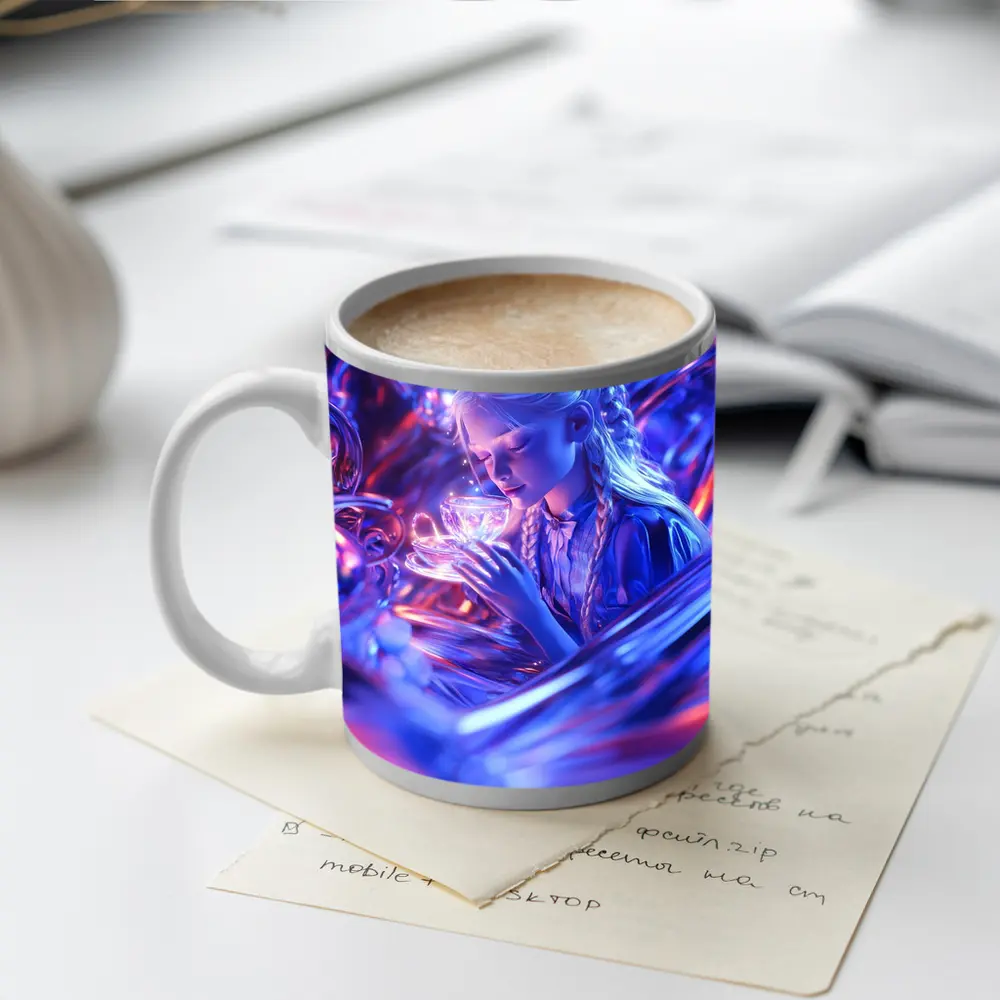 Girl Holding Glowing Cup Surreal Blue Fantasy – Mugs