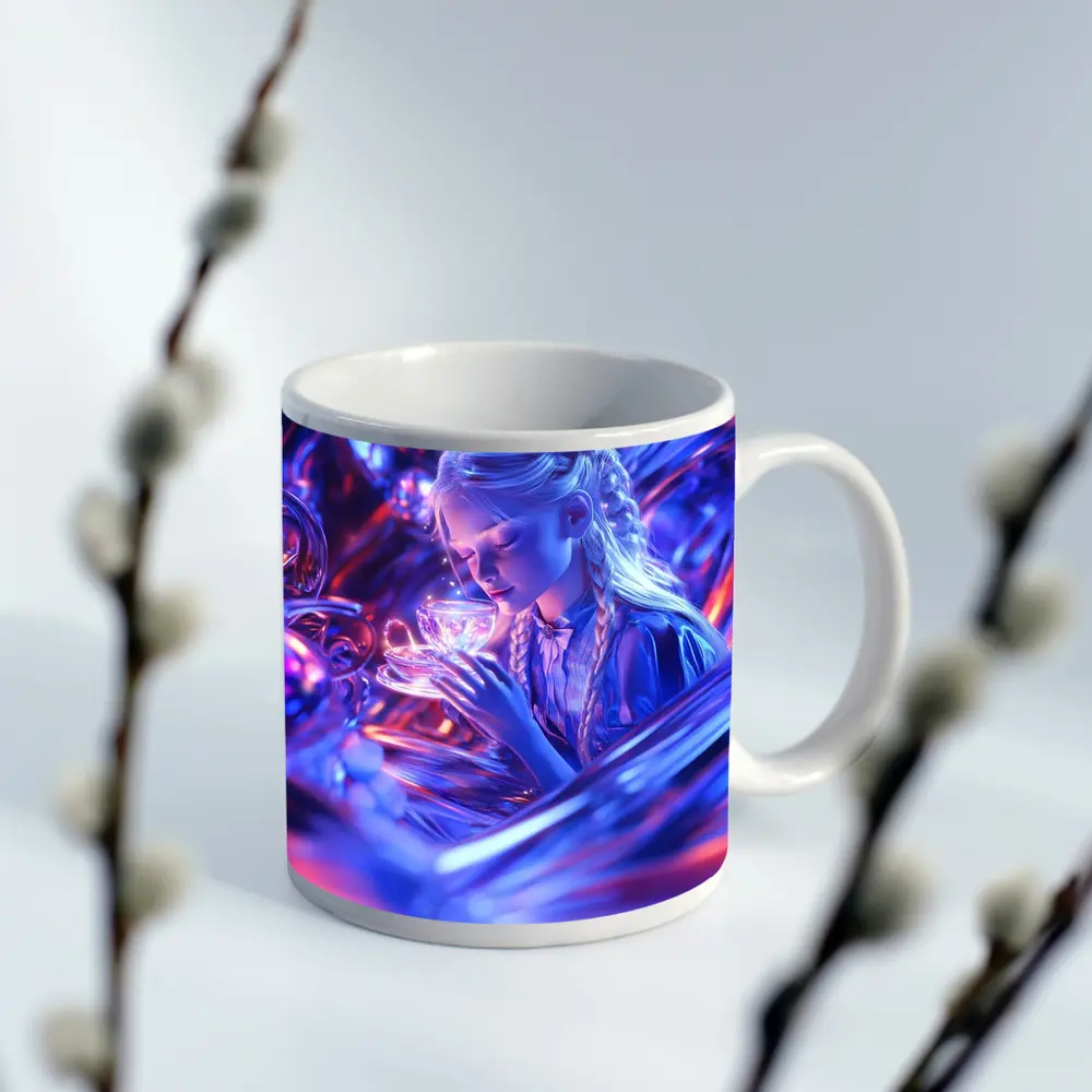 Girl Holding Glowing Cup Surreal Blue Fantasy – Mugs