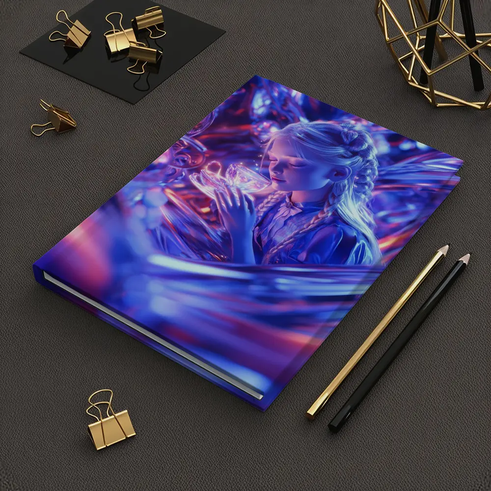 Girl Holding Glowing Cup Surreal Blue Fantasy – Notebooks