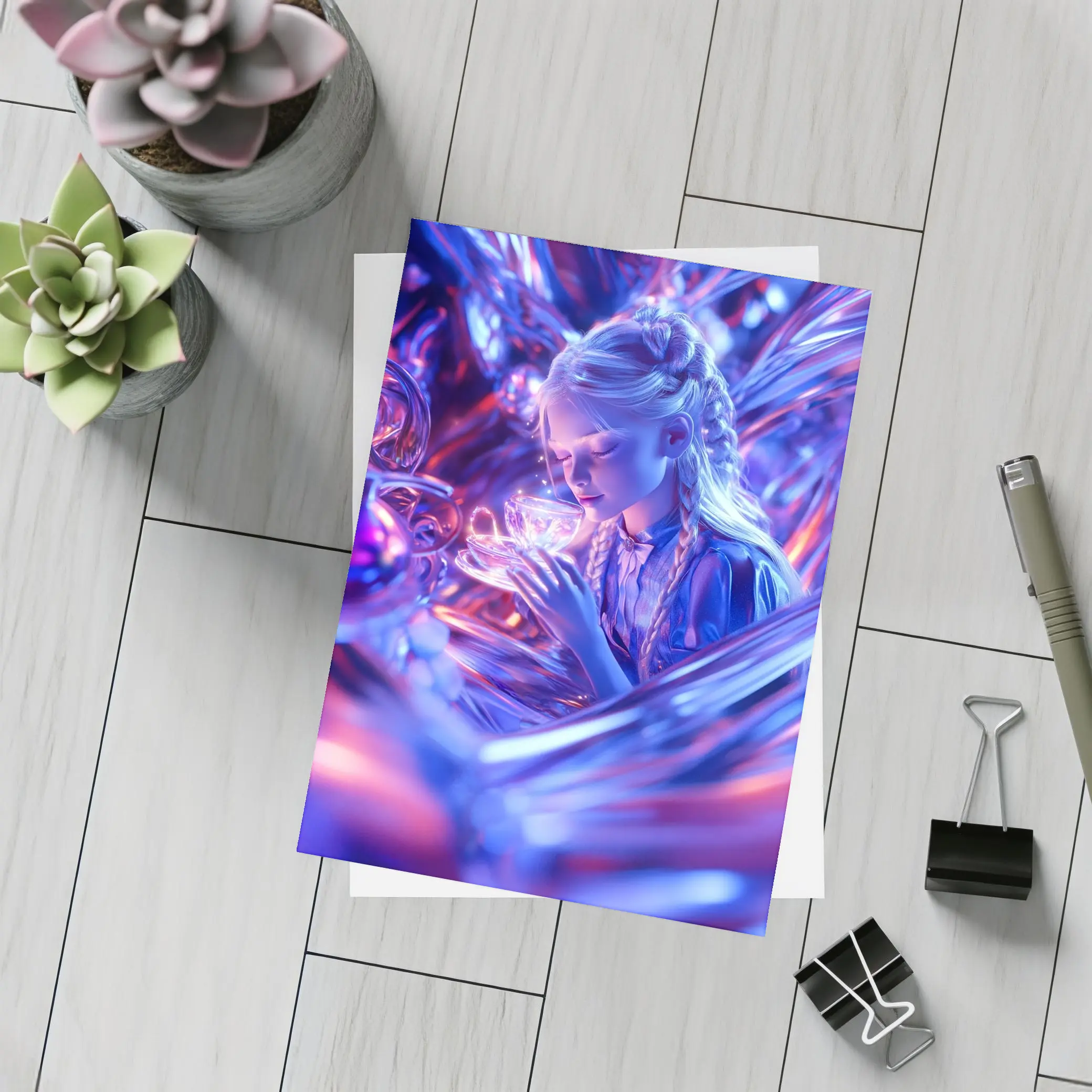 Girl Holding Glowing Cup Surreal Blue Fantasy – Postcards