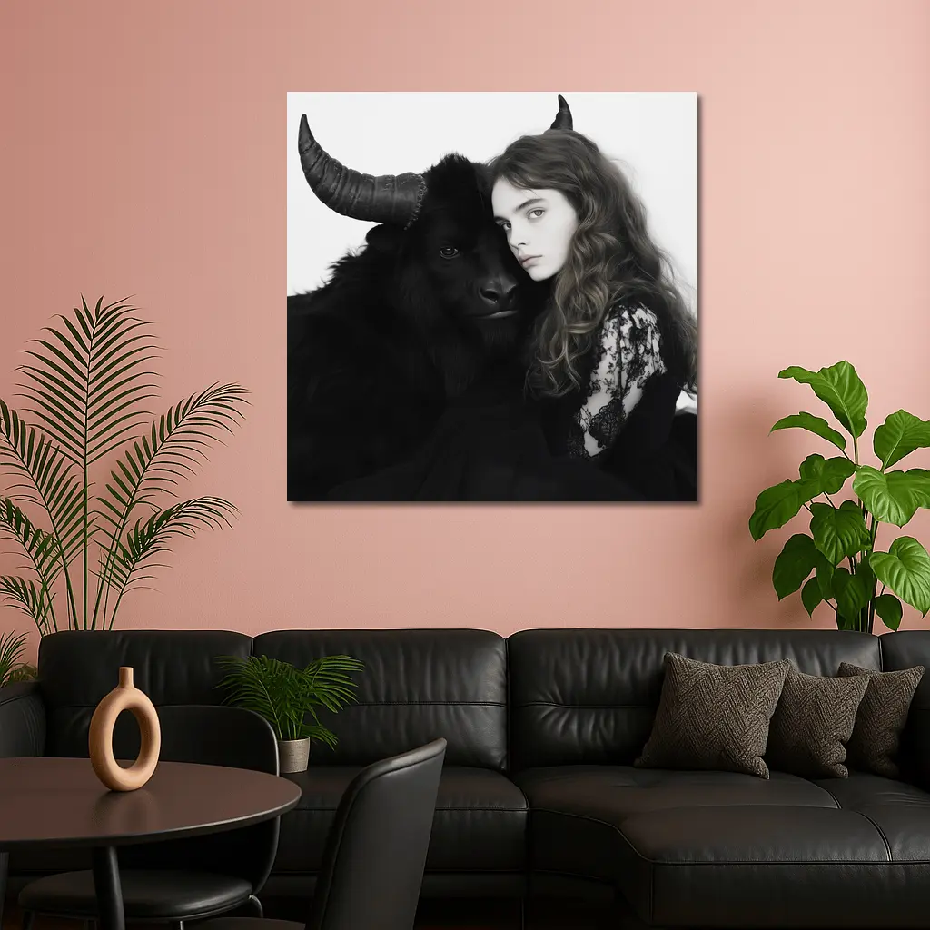 Young Woman Black Bull Dark Fantasy Portrait – Wall Art