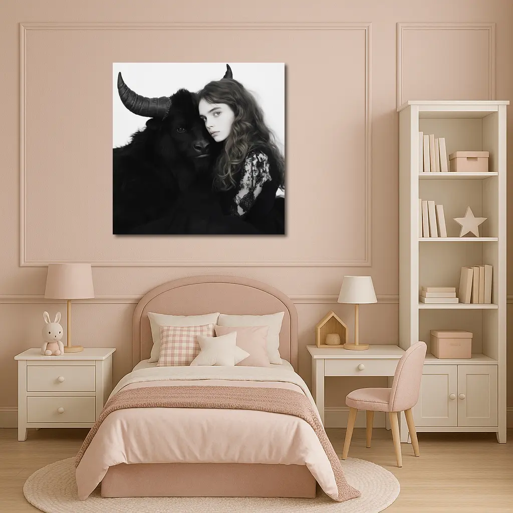 Young Woman Black Bull Dark Fantasy Portrait – Wall Art