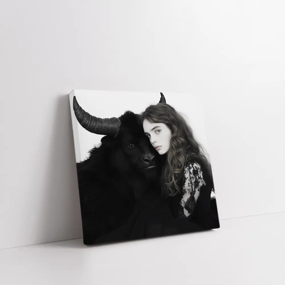 Young Woman Black Bull Dark Fantasy Portrait – Wall Art