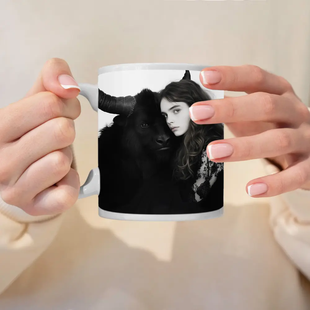 Young Woman Black Bull Dark Fantasy Portrait – Mugs