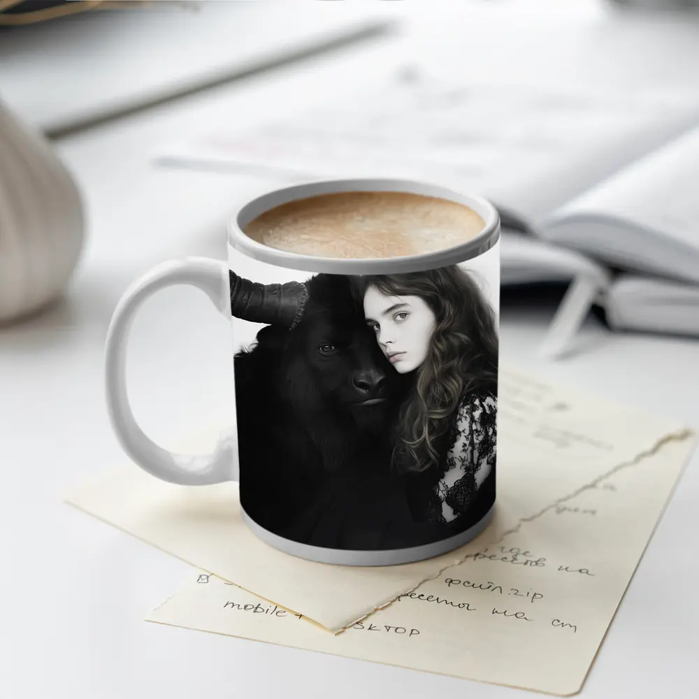 Young Woman Black Bull Dark Fantasy Portrait – Mugs