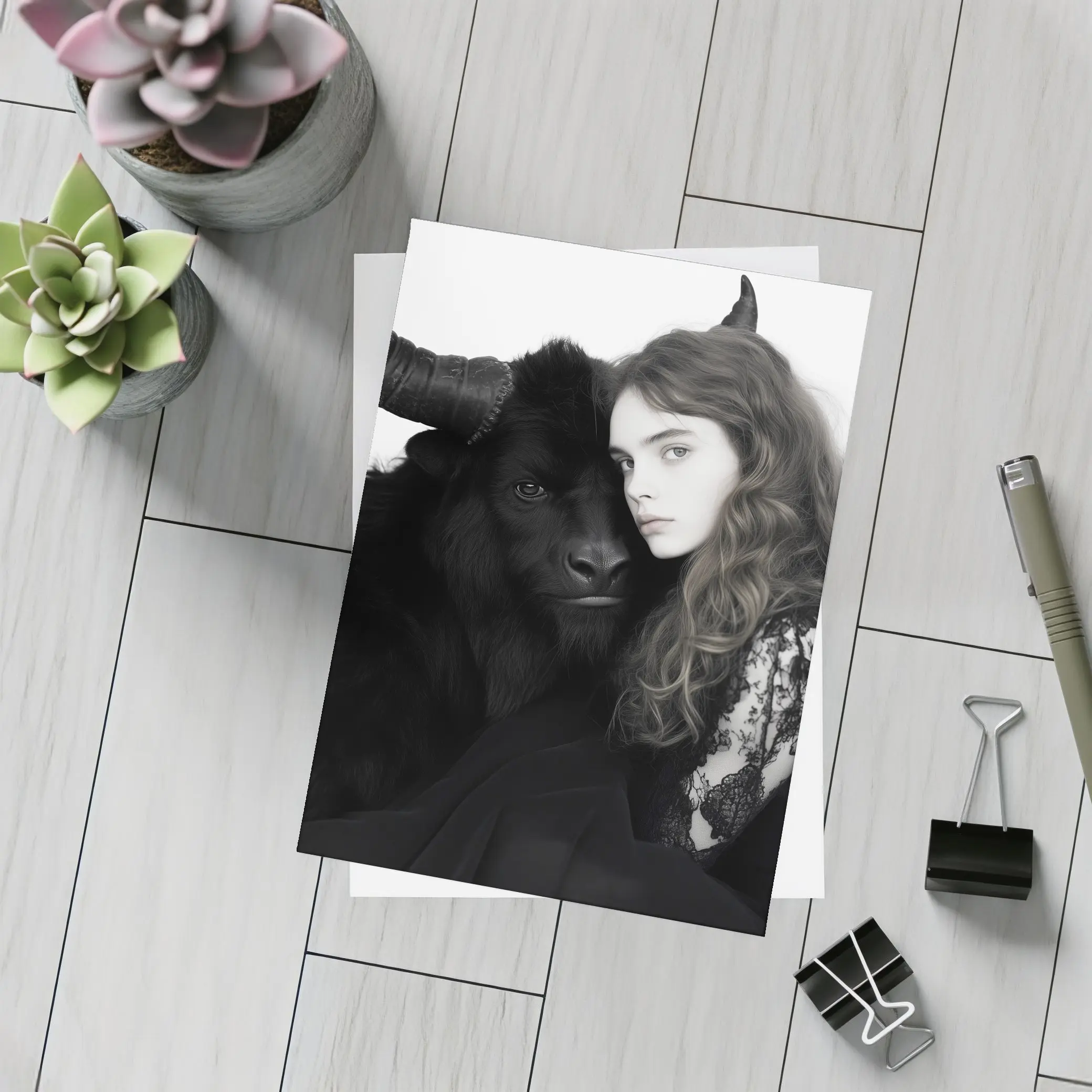 Young Woman Black Bull Dark Fantasy Portrait – Postcards