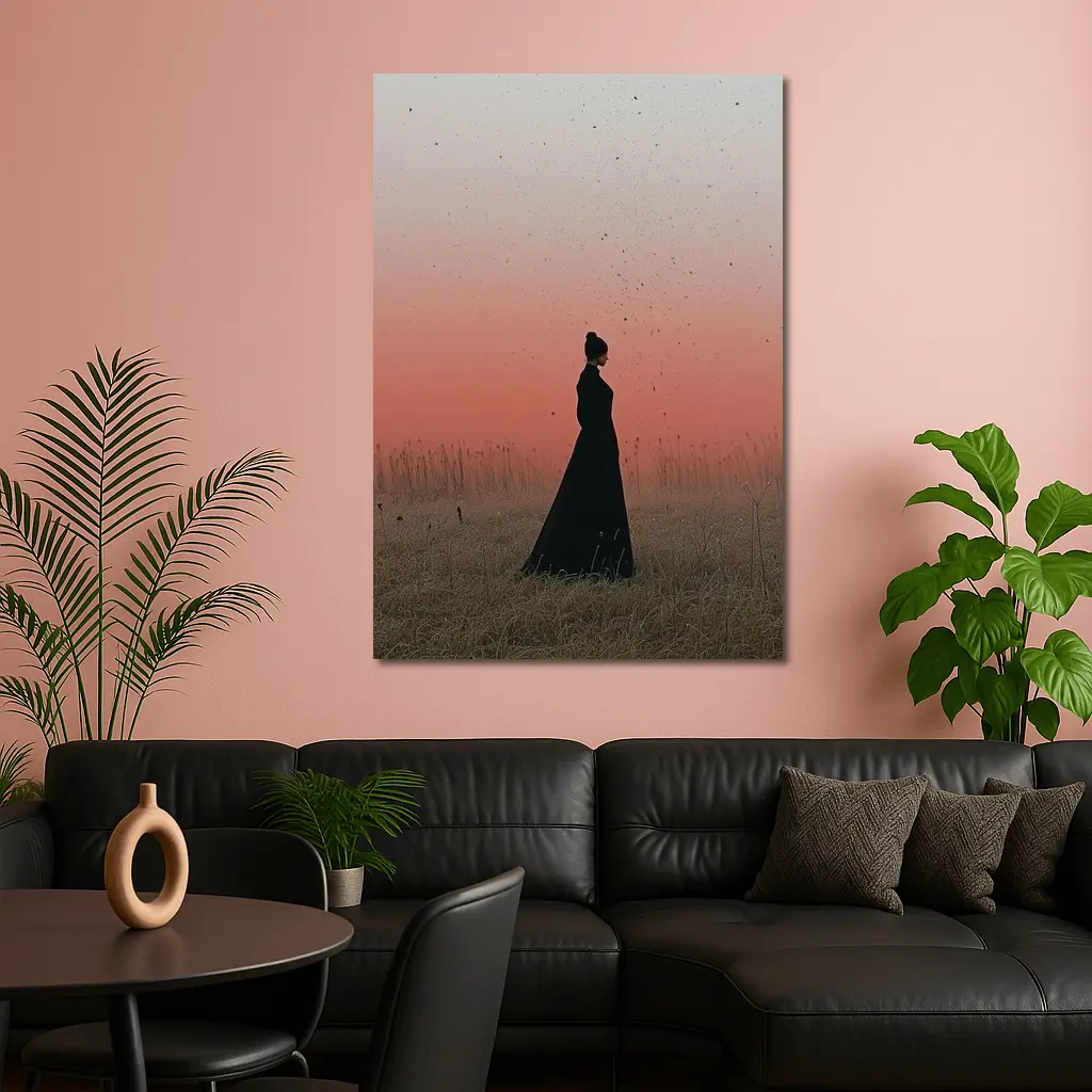 Woman Silhouette Standing in Red Dusk Field – Wall Art
