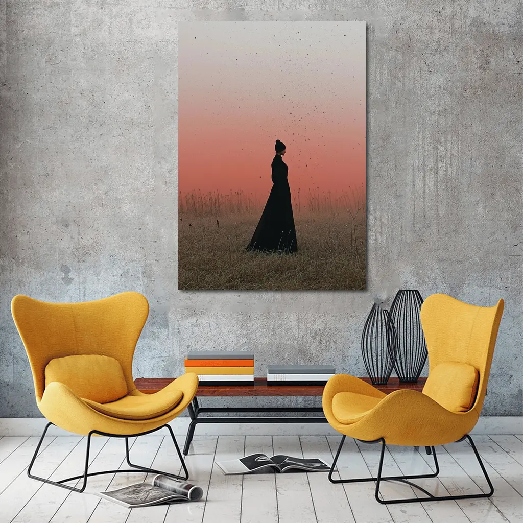 Woman Silhouette Standing in Red Dusk Field – Wall Art