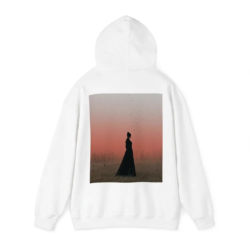 Woman Silhouette Standing in Red Dusk Field – Hoodies