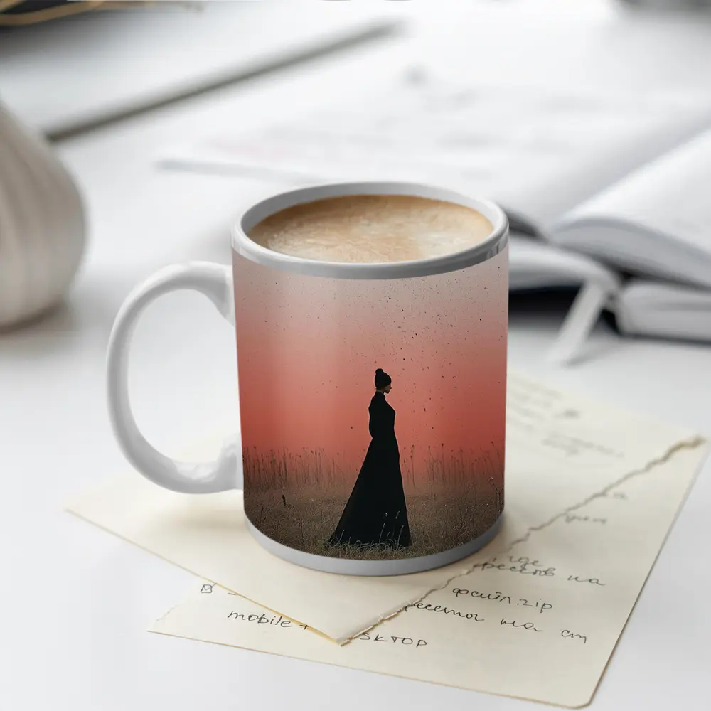Woman Silhouette Standing in Red Dusk Field – Mugs