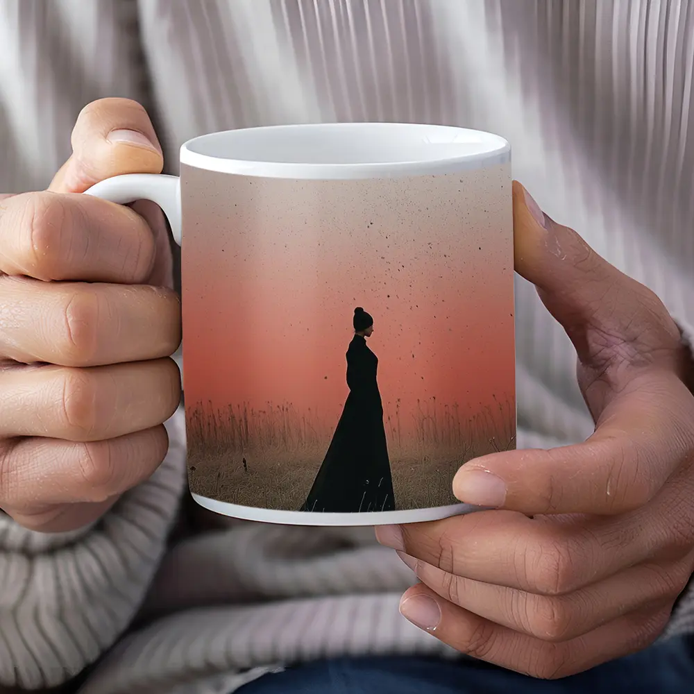 Woman Silhouette Standing in Red Dusk Field – Mugs