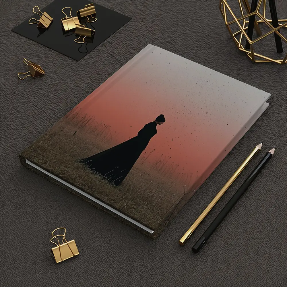 Woman Silhouette Standing in Red Dusk Field – Notebooks