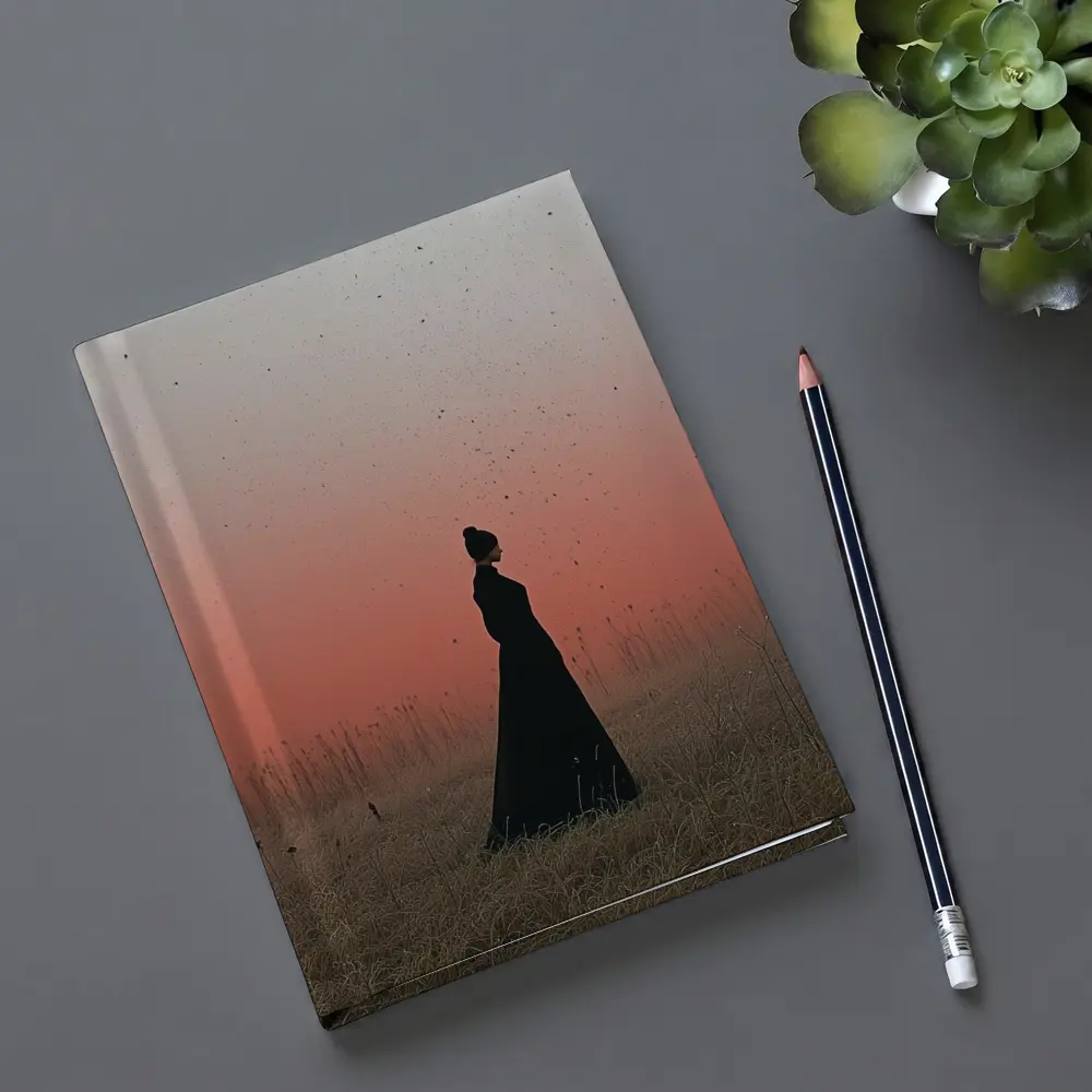 Woman Silhouette Standing in Red Dusk Field – Notebooks