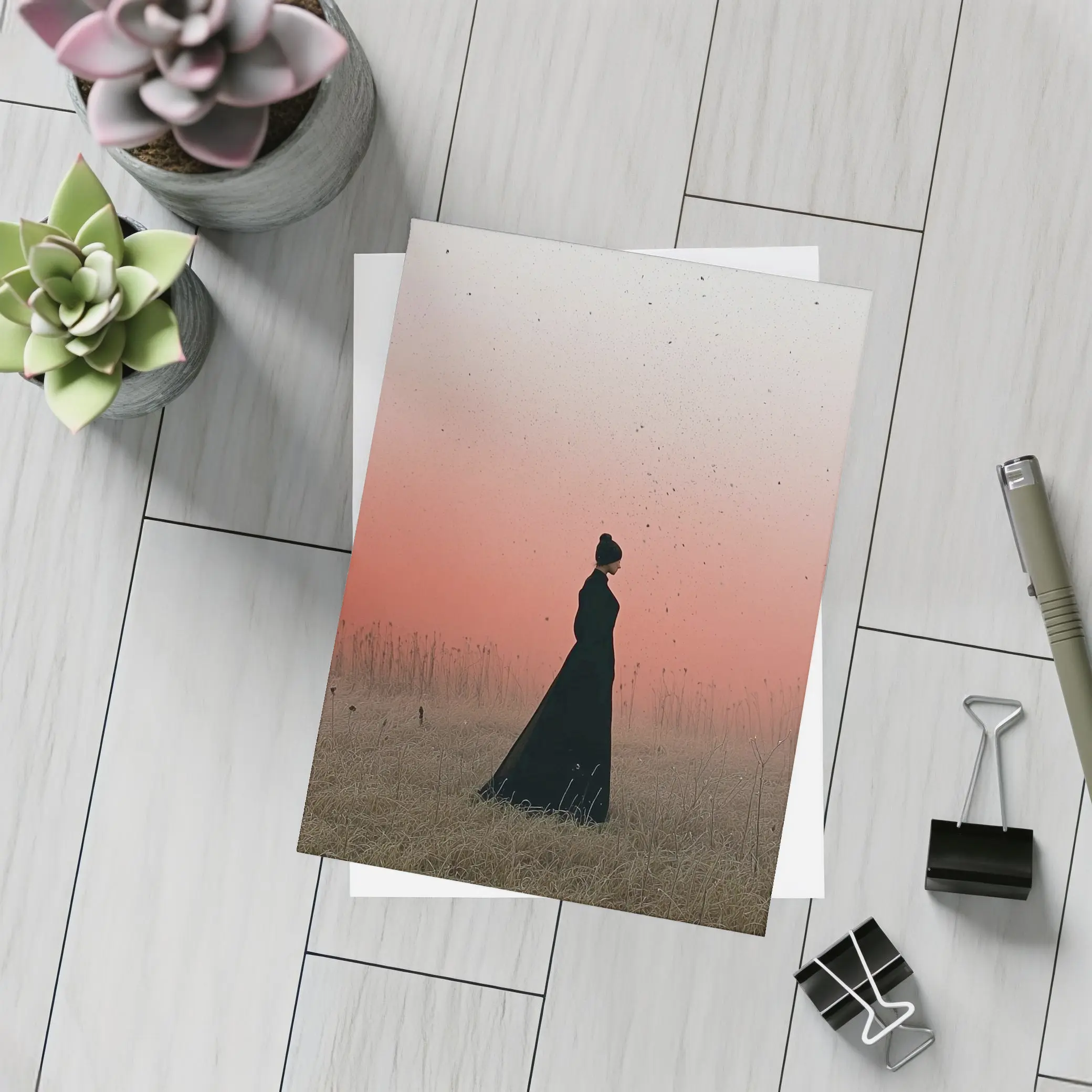 Woman Silhouette Standing in Red Dusk Field – Postcards