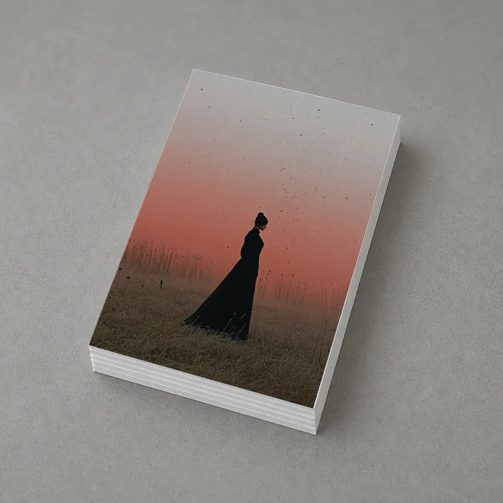 Woman Silhouette Standing in Red Dusk Field – Postcards