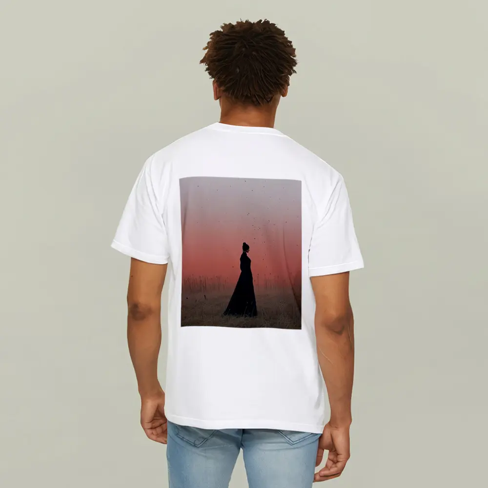 Woman Silhouette Standing in Red Dusk Field – T-Shirts