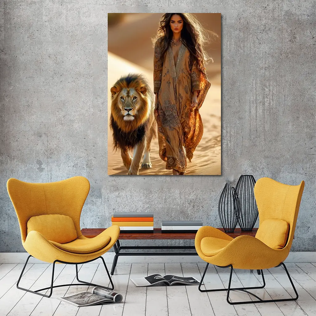 Woman Walking With Lion In Desert – Wall Art